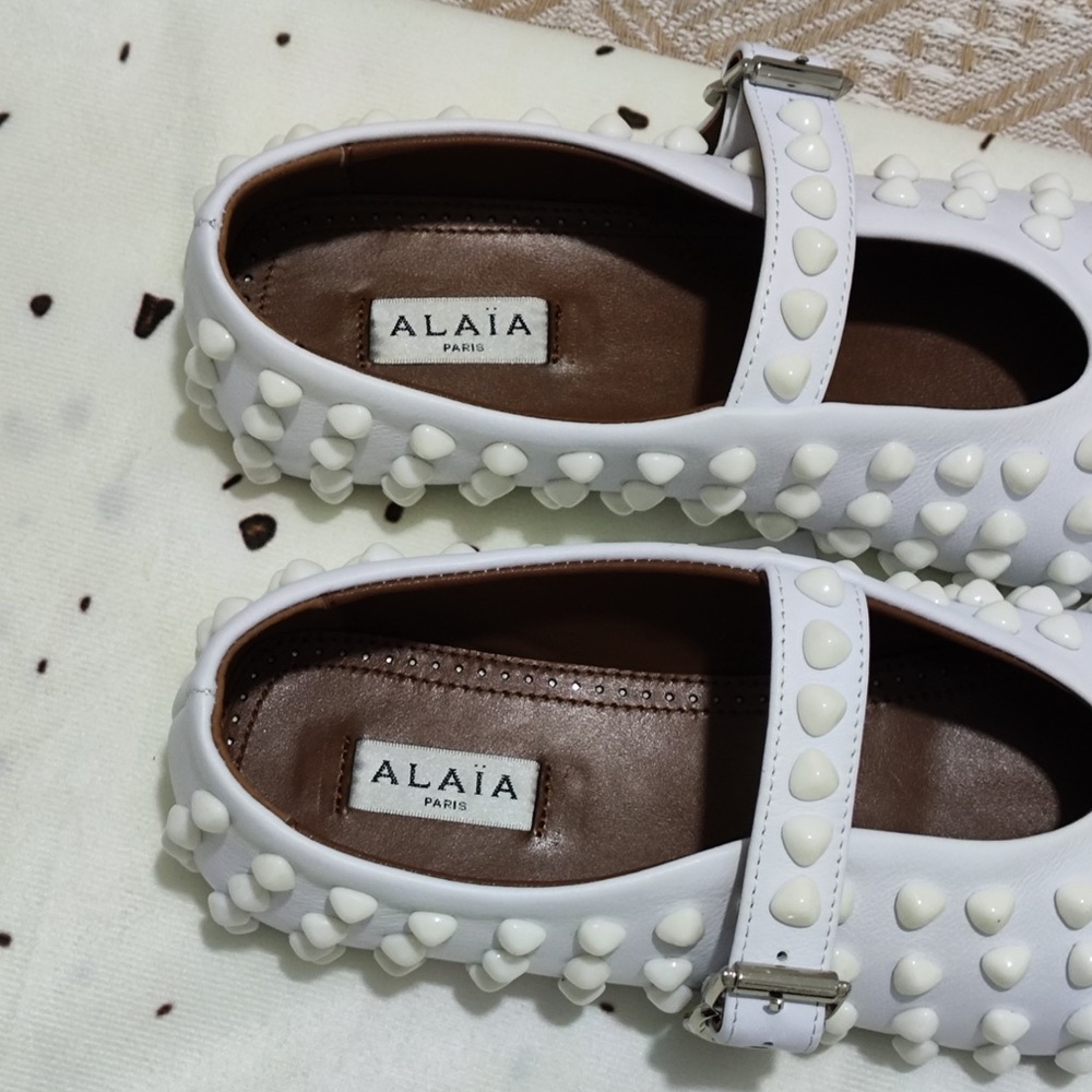 Alaia White Studded Mary Jane Flats with Buckle - Picture 4 of 9